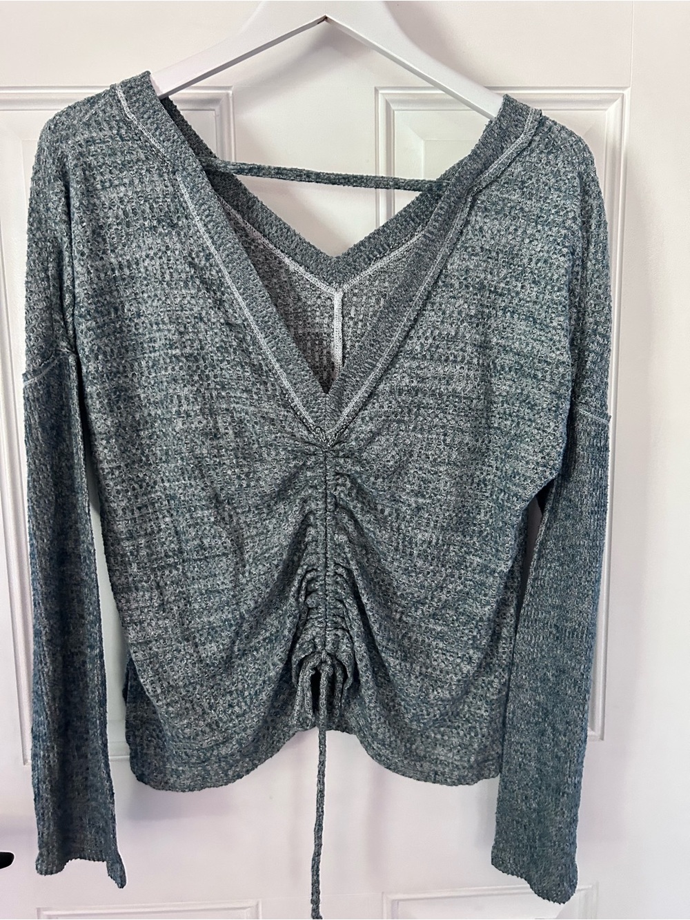 Daytrip Gray Textured V-Neck Long Sleeve Top with Drawstring